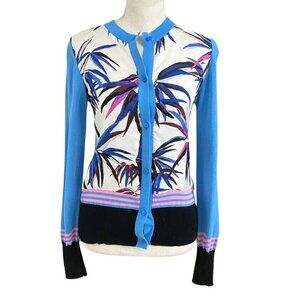 EMILIO PUCCI BLUE KNIT WHITE SATIN LEAF PRINT COMBO CARDIGAN - XS